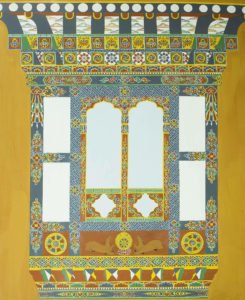 Kinga C, Bhutanese Homes, 67x55 Inches, Bamboo and organic paint on Canvas